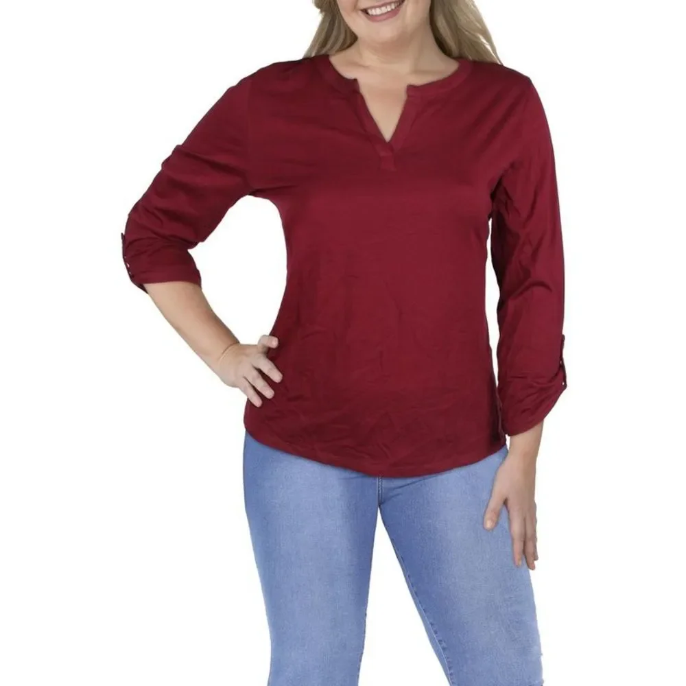 Charter Club Womens Purple Cotton Split Neck Shirt T-Shirt Top NWT